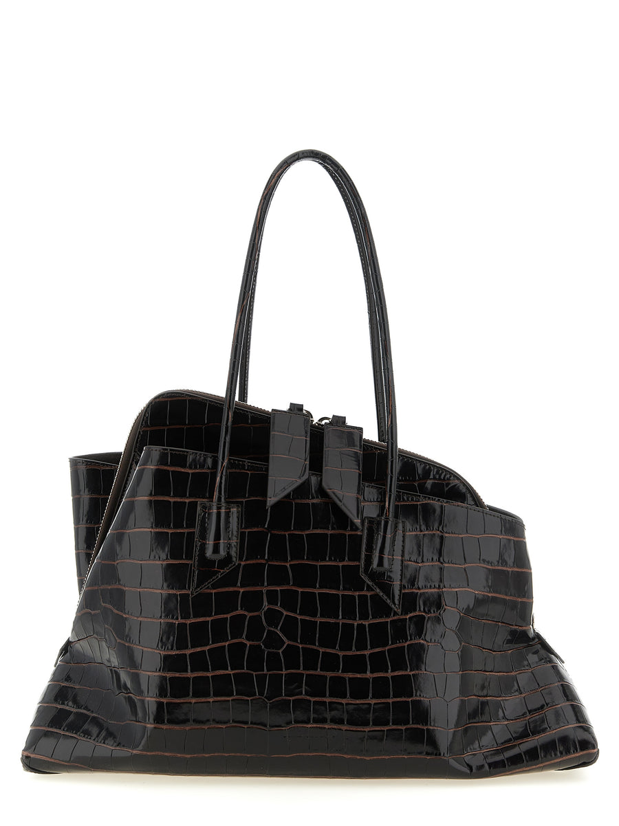 The Attico Calf leather with crocodile print glossy finish shoulder bag in black