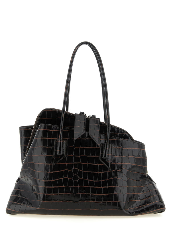 The Attico Calf leather with crocodile print glossy finish shoulder bag in black