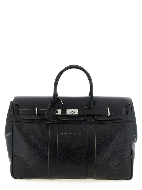 Brunello Cucinelli Hammered calf leather top handle bag in black