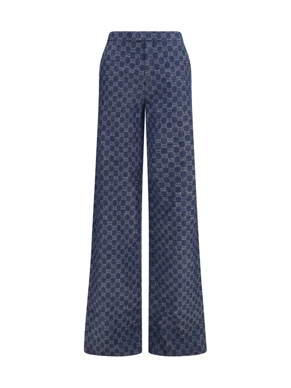 Pants Gg Cotton Jacquard Denim Blue Trousers