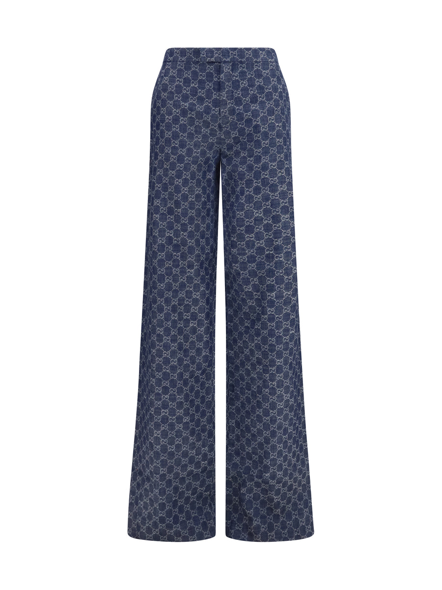 Pants Gg Cotton Jacquard Denim Blue Trousers