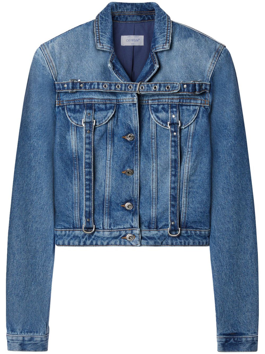 Off White Cropped Denim with Belt Jacket — Blue