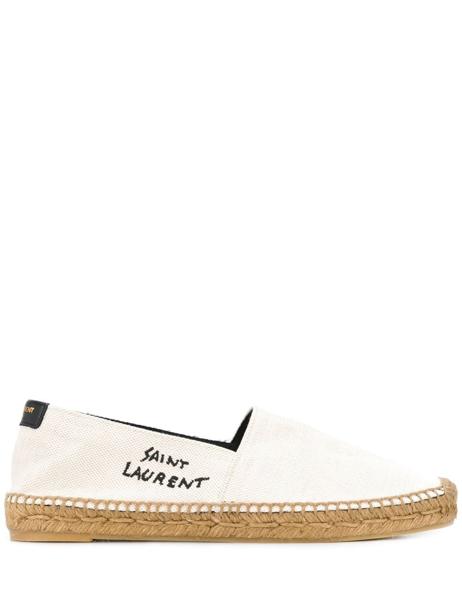 Saint Laurent Logo-Embroidered Canvas Espadrille Flat — Ivory
