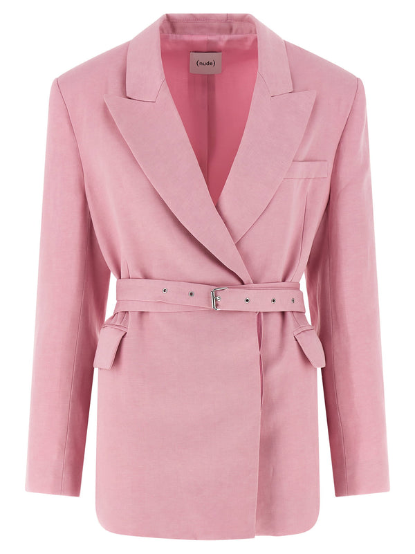 Nude Belt-Cinched Linen-Tencel Blazer — Pink