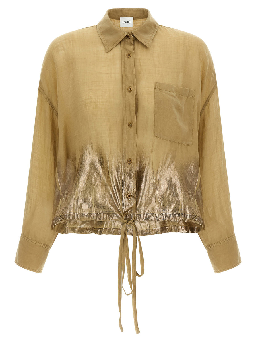 Nude Linen Blend with Laminated Lower Shirt — Tan