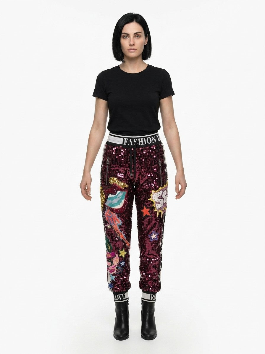 Pink Polyester Casual Pants