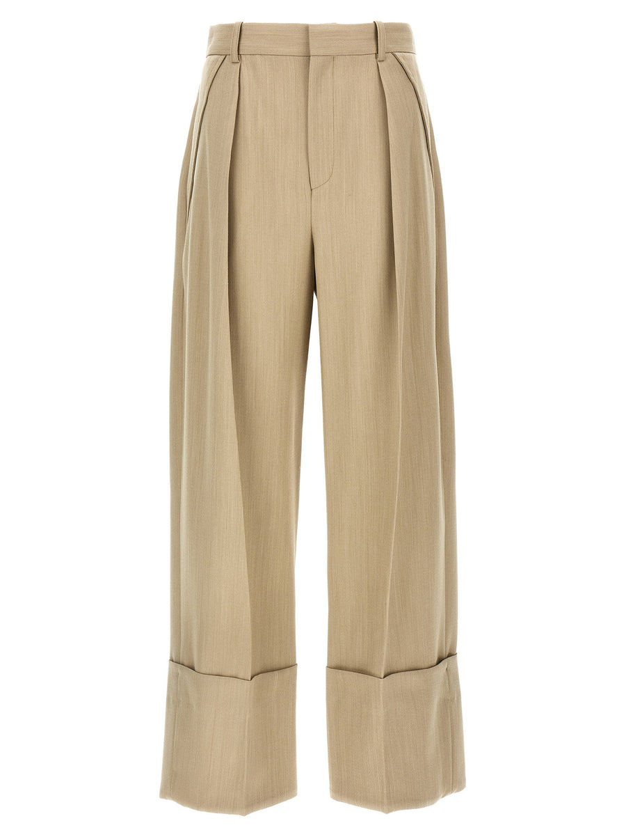 Victoria Beckham High-Waisted Wide-Leg Wool Trousers — Beige
