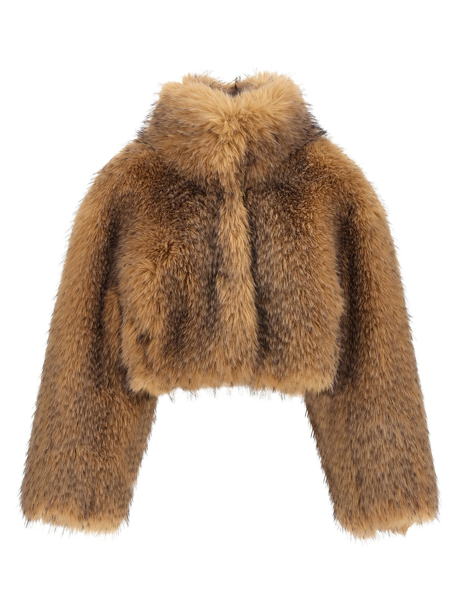 Rotate Birger Christensen Cropped Faux Fur Jacket — Camel