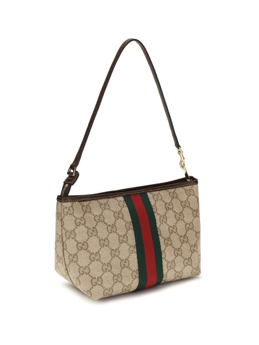 Small Pouch With Web Stripe Brown Cotton Handbags