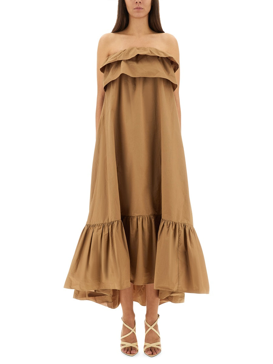 Cotton Twill Ruffle Dress Brown