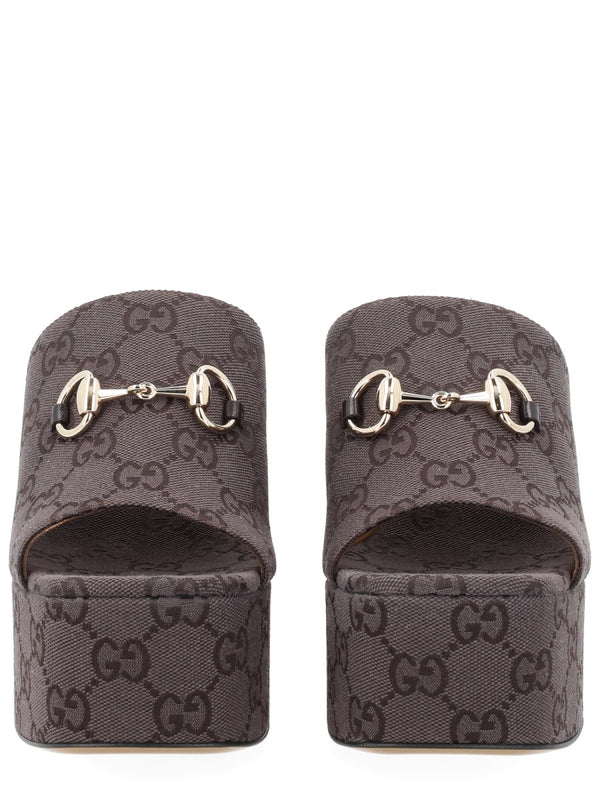 Wedge Sandals Gg Brown Fabric Cotton