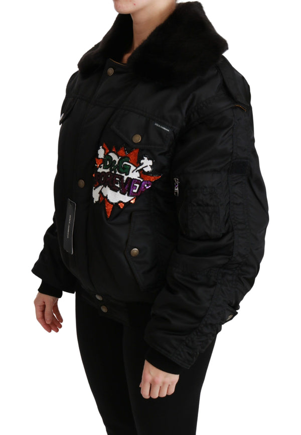 Dolce & Gabbana 100% Nylon; Faux fur collar (85% Acrylic jacket in black