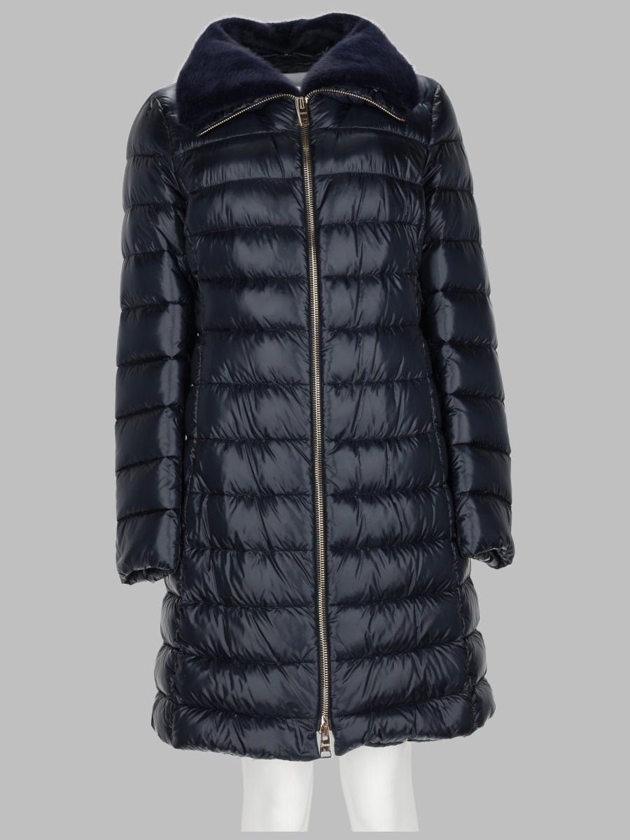 Long Quilted Down Jacket Blue Polyamide Trench & Raincoats