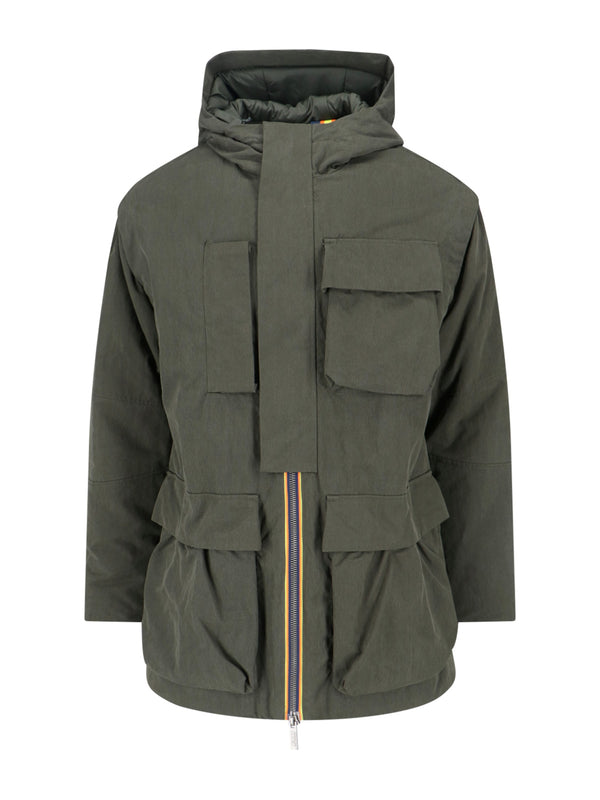 K-Way Shell: Cotton blend canvas; Padding: 100% Polyester; Lining: 100% Polyester down jacket in green