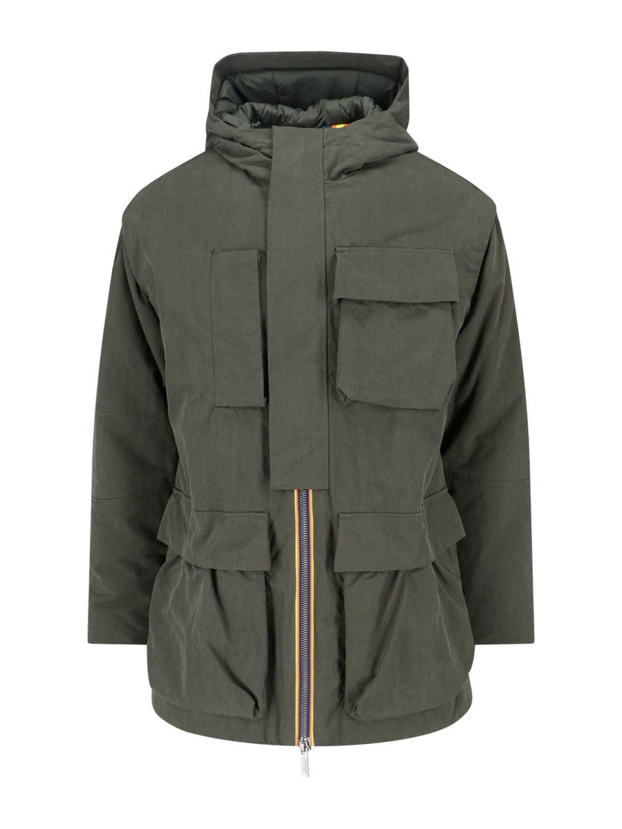 K-Way Shell: Cotton blend canvas; Padding: 100% Polyester; Lining: 100% Polyester down jacket in green