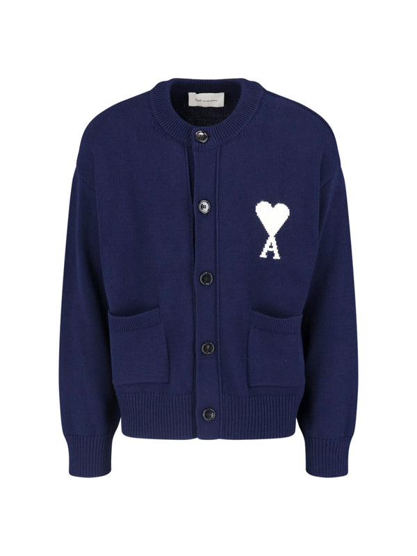 AMI Paris 53% wool 47% cotton cardigan in navy