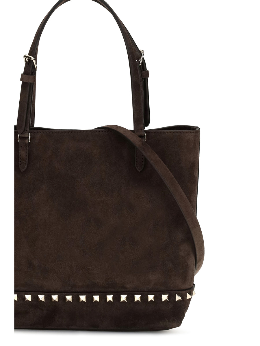 Rockstud Suede Tote Bag Ebony Brown Calf Leather Shoulder