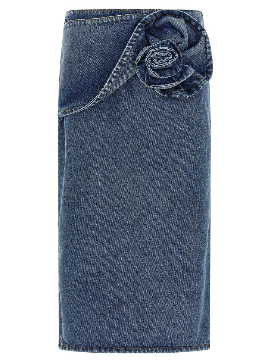 Magda Butrym Cotton Denim with 3D Floral Detail Skirt — Blue