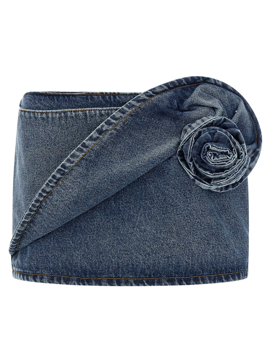 Magda Butrym Draped Floral Detail Denim Shorts — Blue