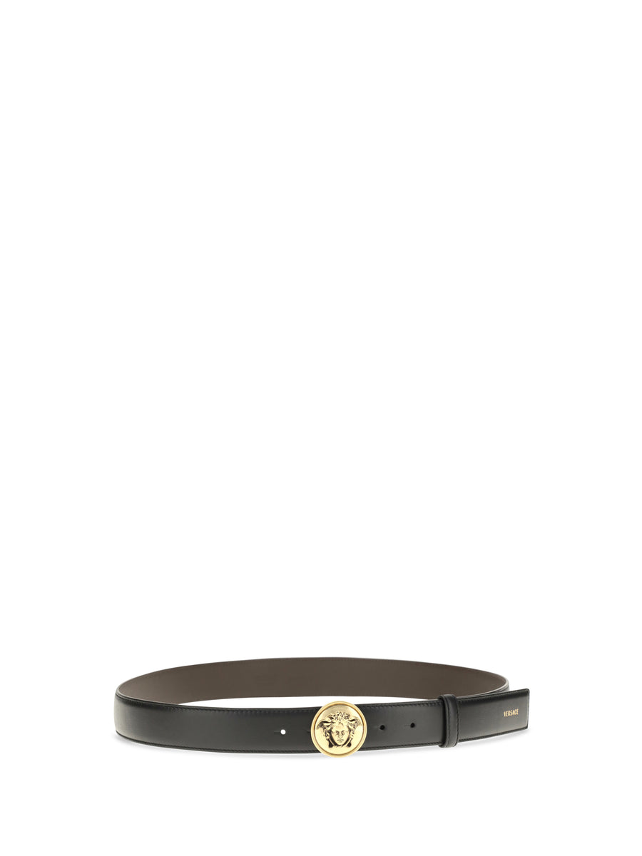 Leather Belt Medusa Buckle Black-Gold Black/gold Calf