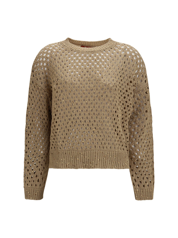 Open Knit Cotton Sweater With Sequins Cammello T-shirts
