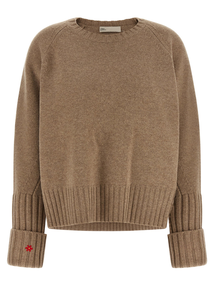 Tory Burch Wool Crew Neck with Floral Embroidery Sweater — Beige