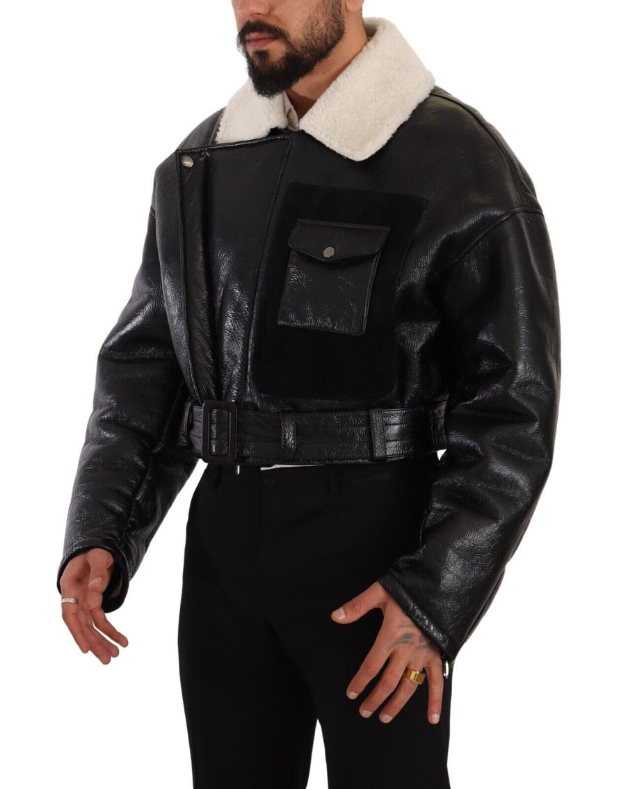 Dolce & Gabbana 100% lambskin leather and shearling jacket in black