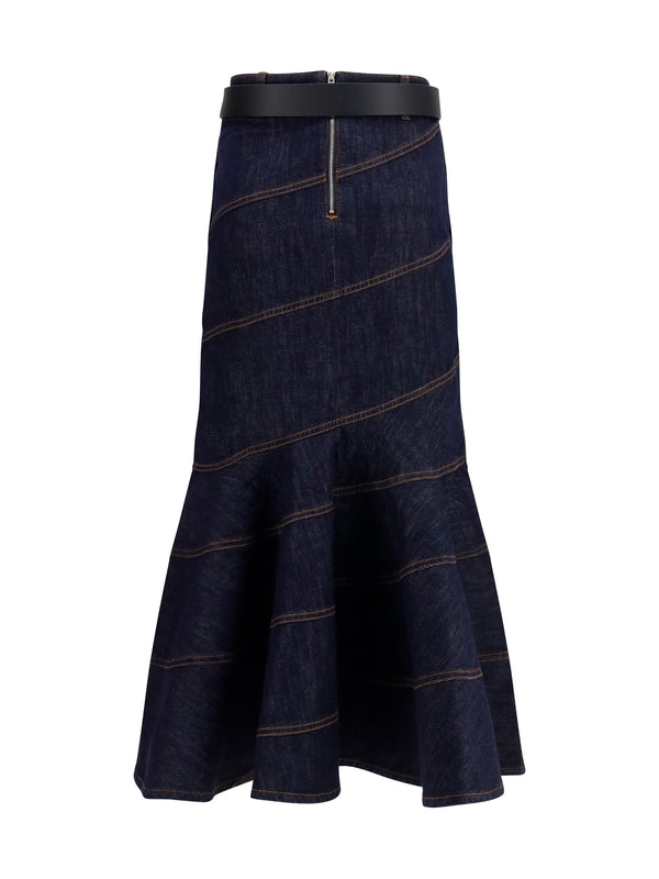 Midi Denim Skirt With Belt Blue Cotton