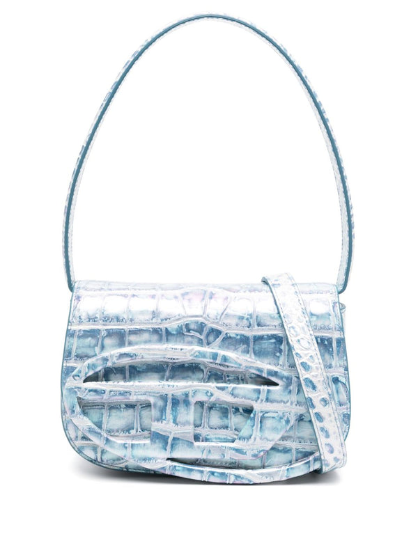 Diesel Leather with embossed crocodile effect shoulder bag in sky blue