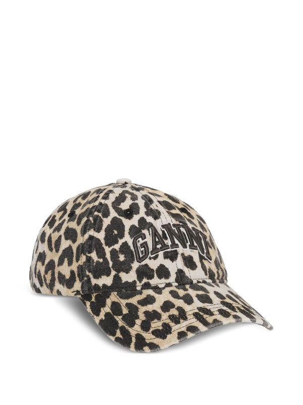 Ganni Leopard-Print Organic Cotton Baseball Cap — Beige