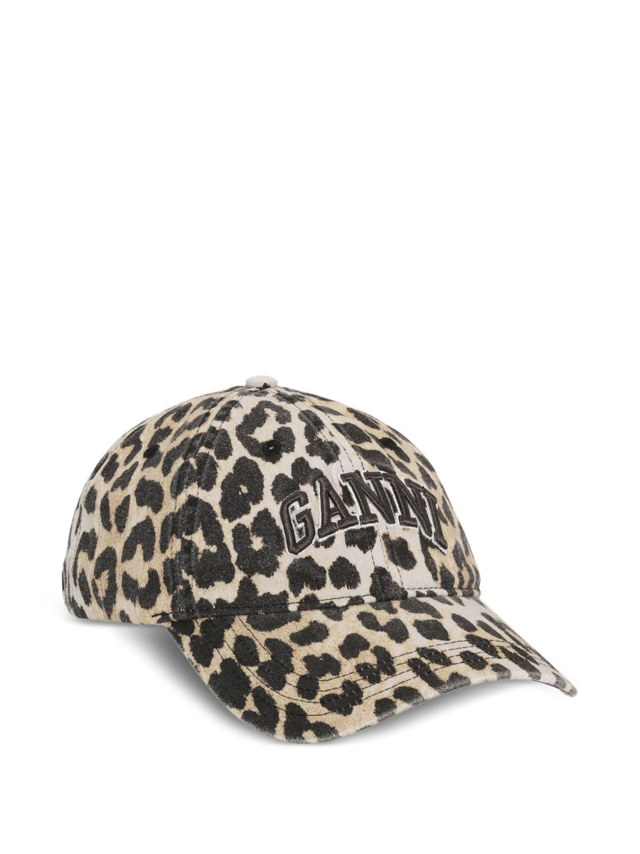 Ganni Leopard Print Canvas Baseball Cap — Beige