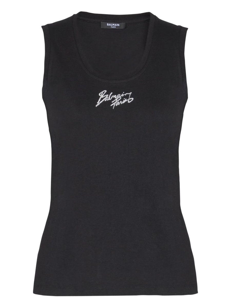 Balmain Logo-Embroidered Tank Top — Black