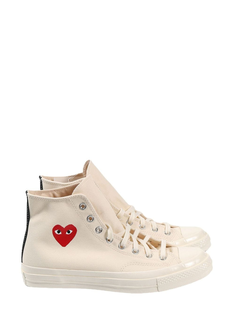 Comme Des Garcons Heart-Embroidered Canvas High-Top Sneaker — Cream