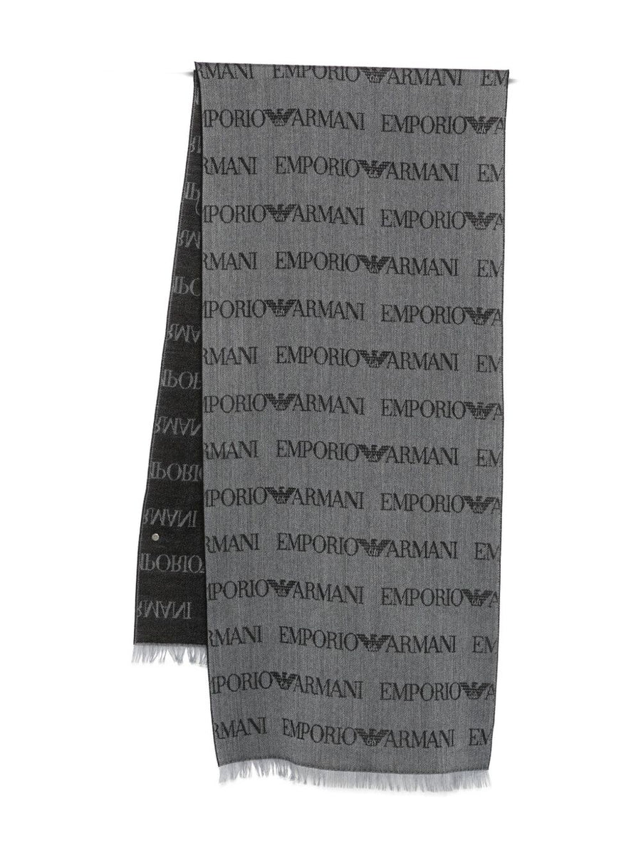 Emporio Armani Logo-Jacquard Wool Blend Scarf — Grey
