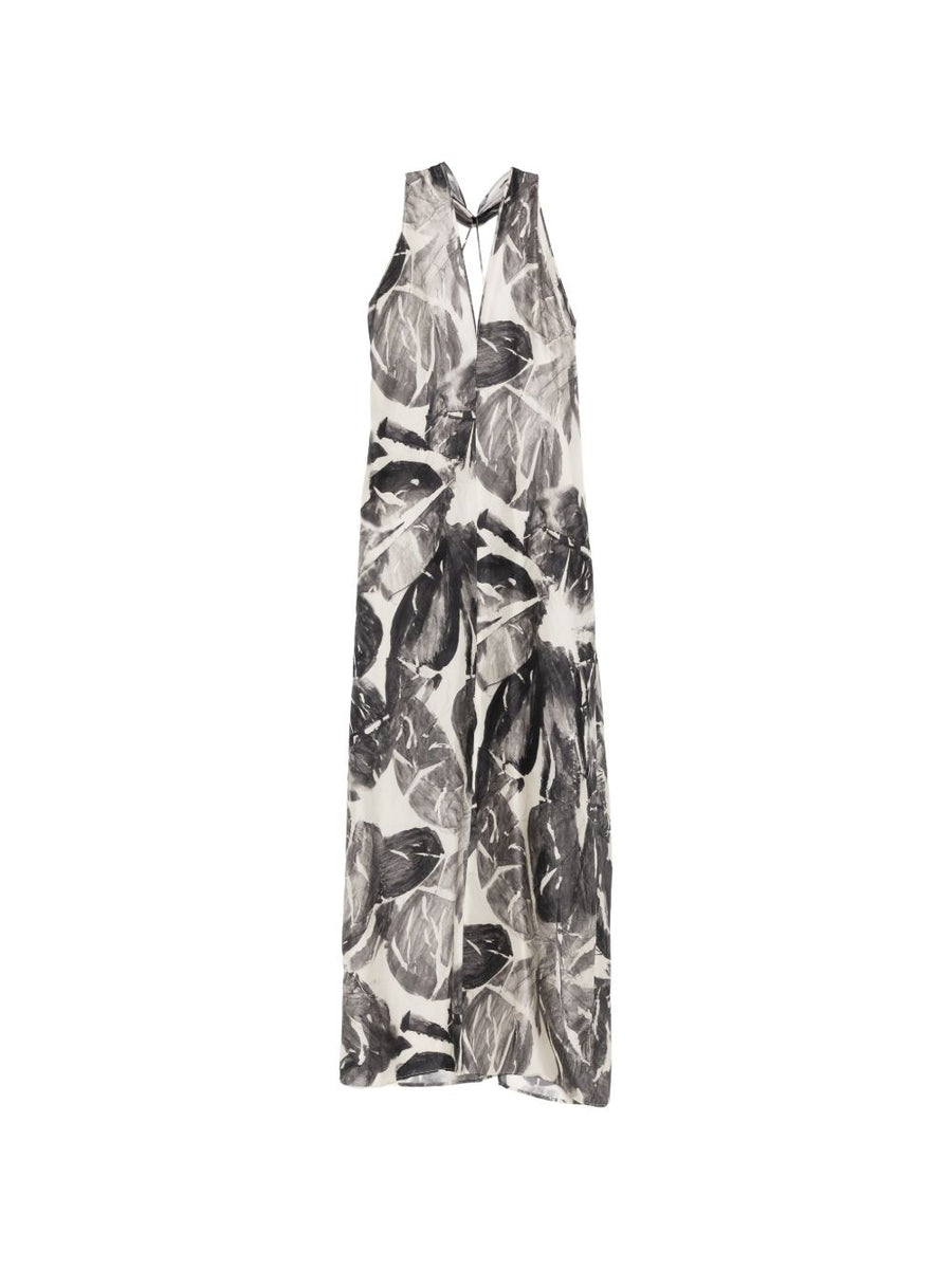 Alysi Botanical Print Silk Dress — Beige