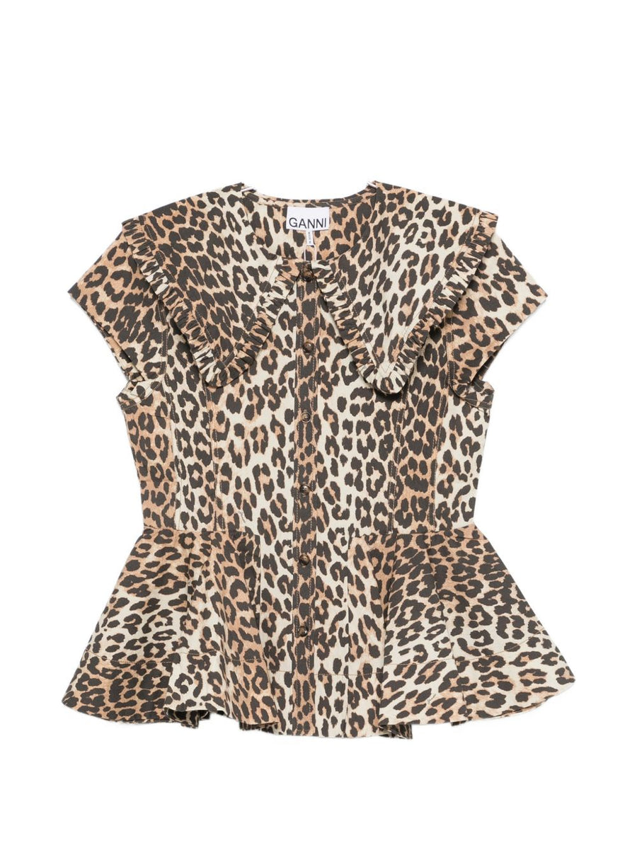 Ganni Leopard-Print Organic Cotton Shirt — Brown