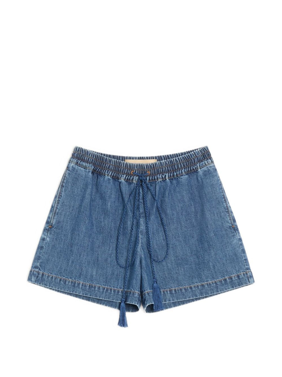 Valentino Drawstring Waist Cotton Denim Shorts — Blue