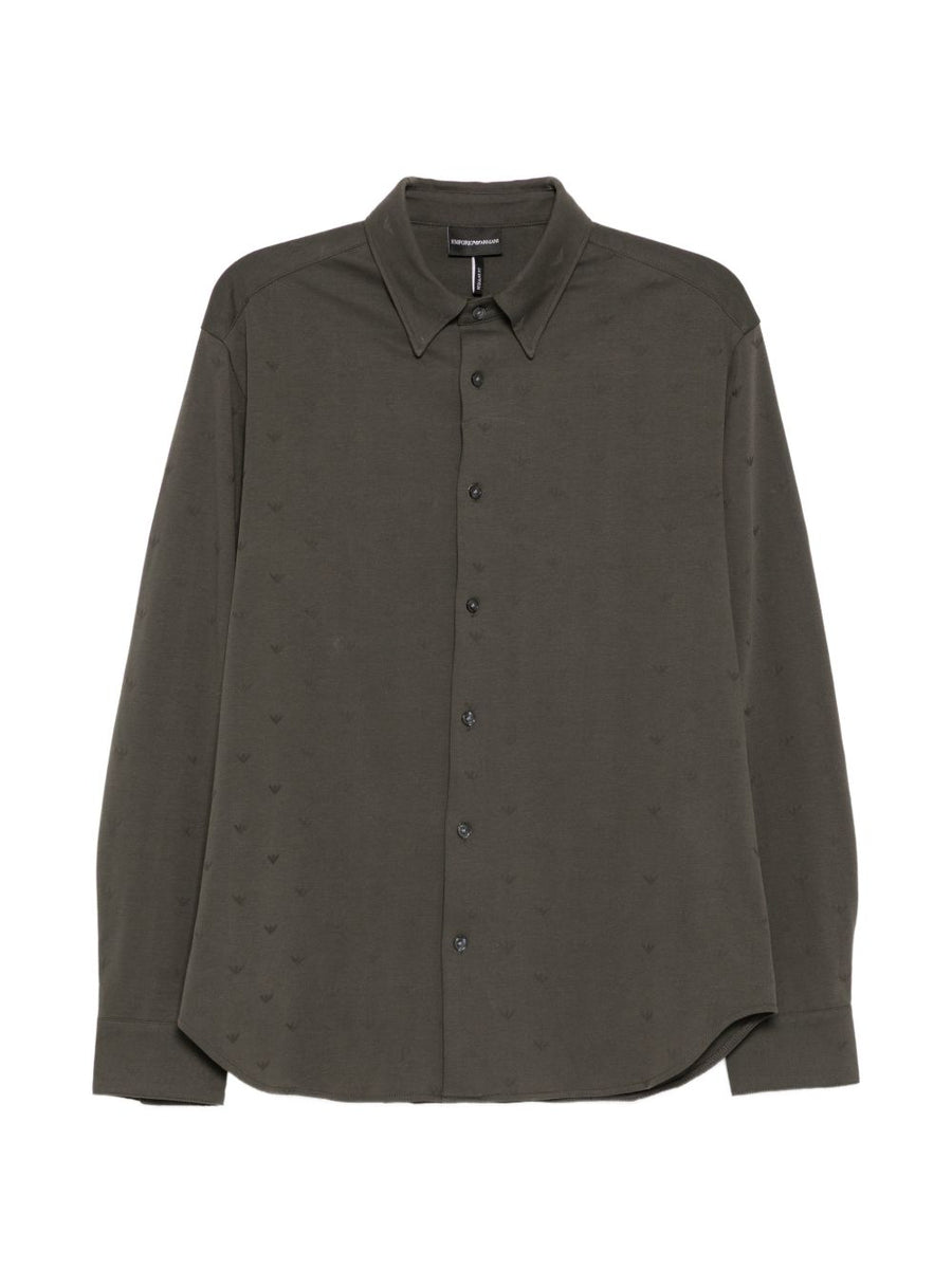 Emporio Armani Logo Jacquard Cotton Shirt — Olive
