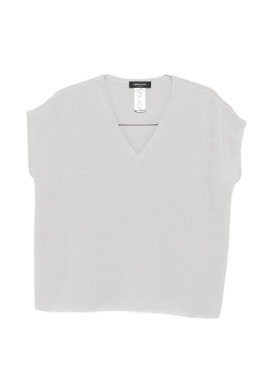 Fabiana Filippi V-Neck Cotton Knit Sweater — Grey