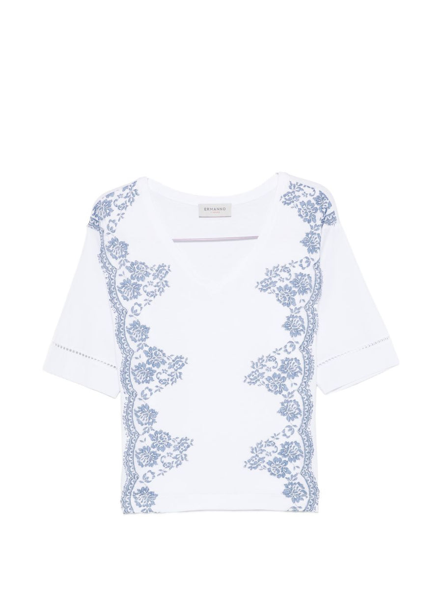 Ermanno Firenze Floral-Embroidered Cotton T-shirt — White