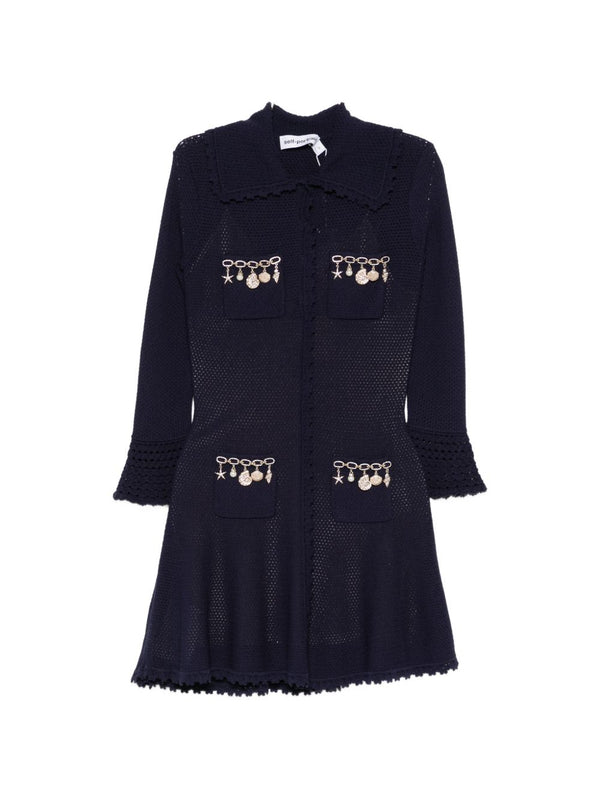 Self-Portrait Charm-Embellished Pointelle Knit Dress — Navy