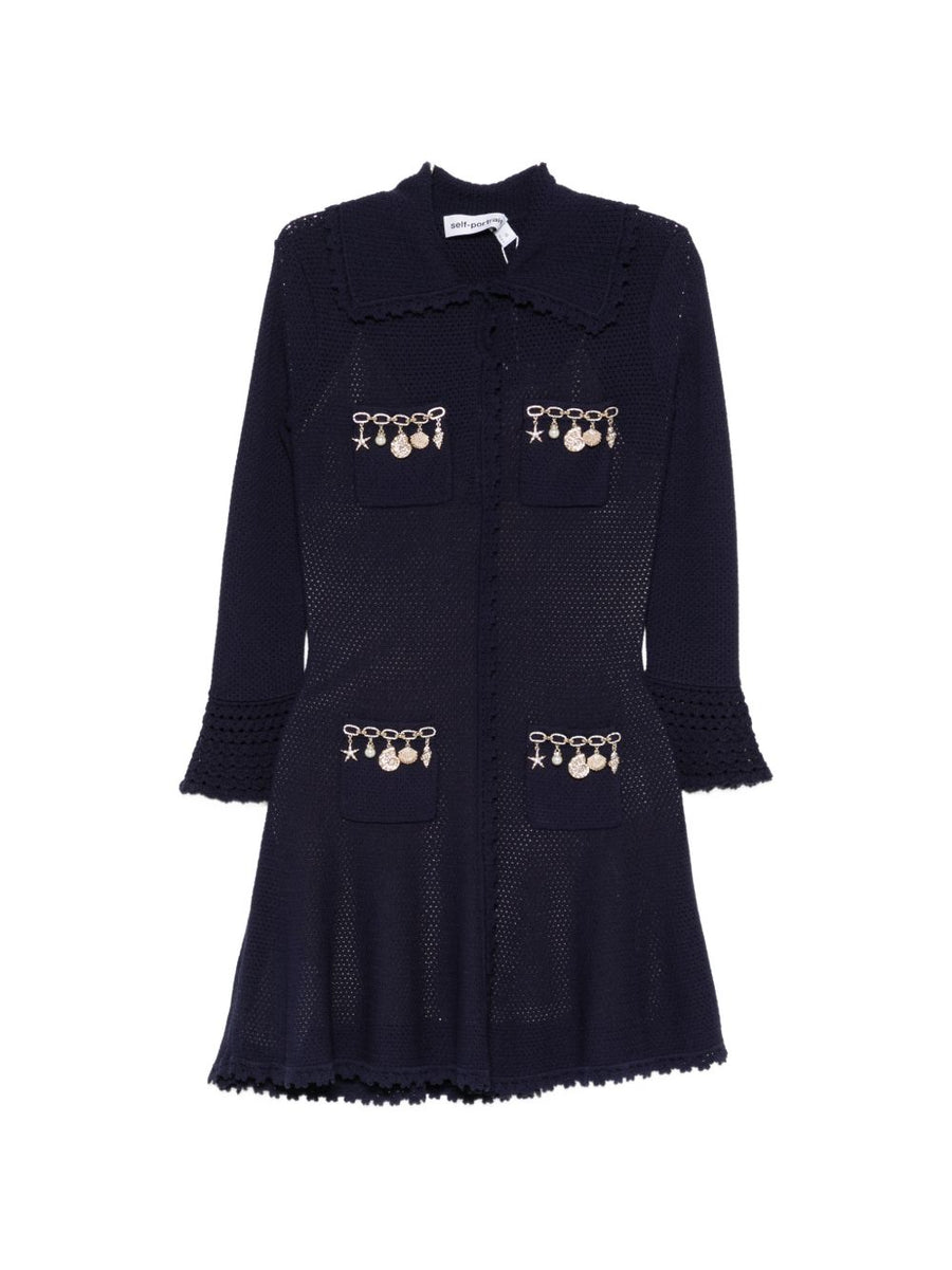 Self-Portrait Charm-Embellished Pointelle Knit Dress — Navy