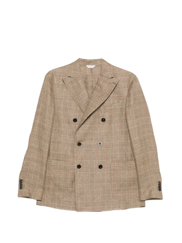 Boglioli Linen Check Double-Breasted Blazer — Brown