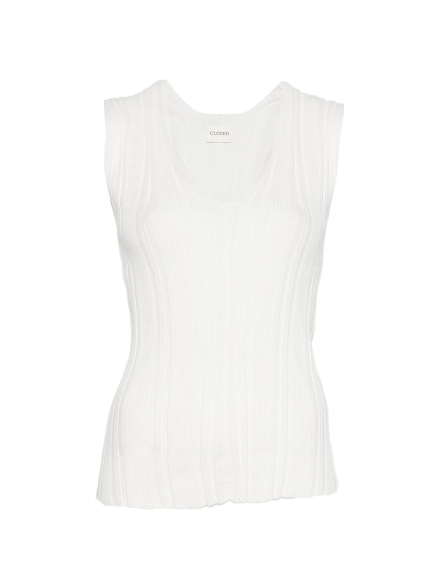Closed Ribbed Linen-Cotton Tank Top — white