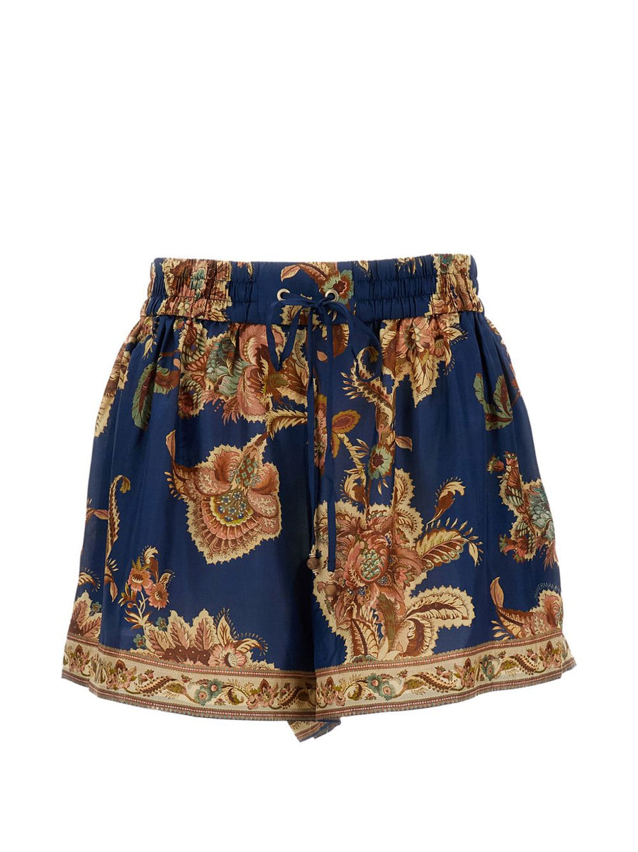 Zimmermann Floral-Print Silk Shorts — Navy