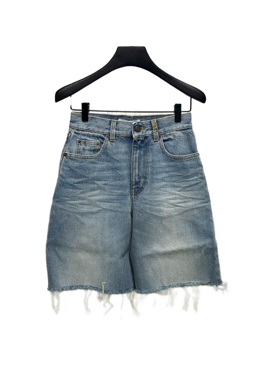 Chloé Frayed-Hem Denim Bermuda Shorts — Light Blue
