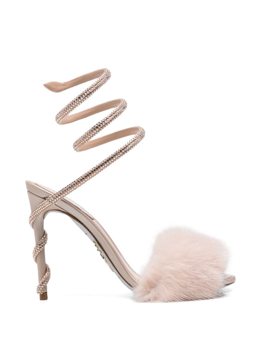 René Caovilla Jeweled Fur-Heel Heel Sandal — Beige