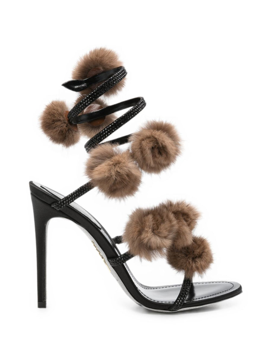 René Caovilla Embellished Fur-Trimmed Sandal — Black