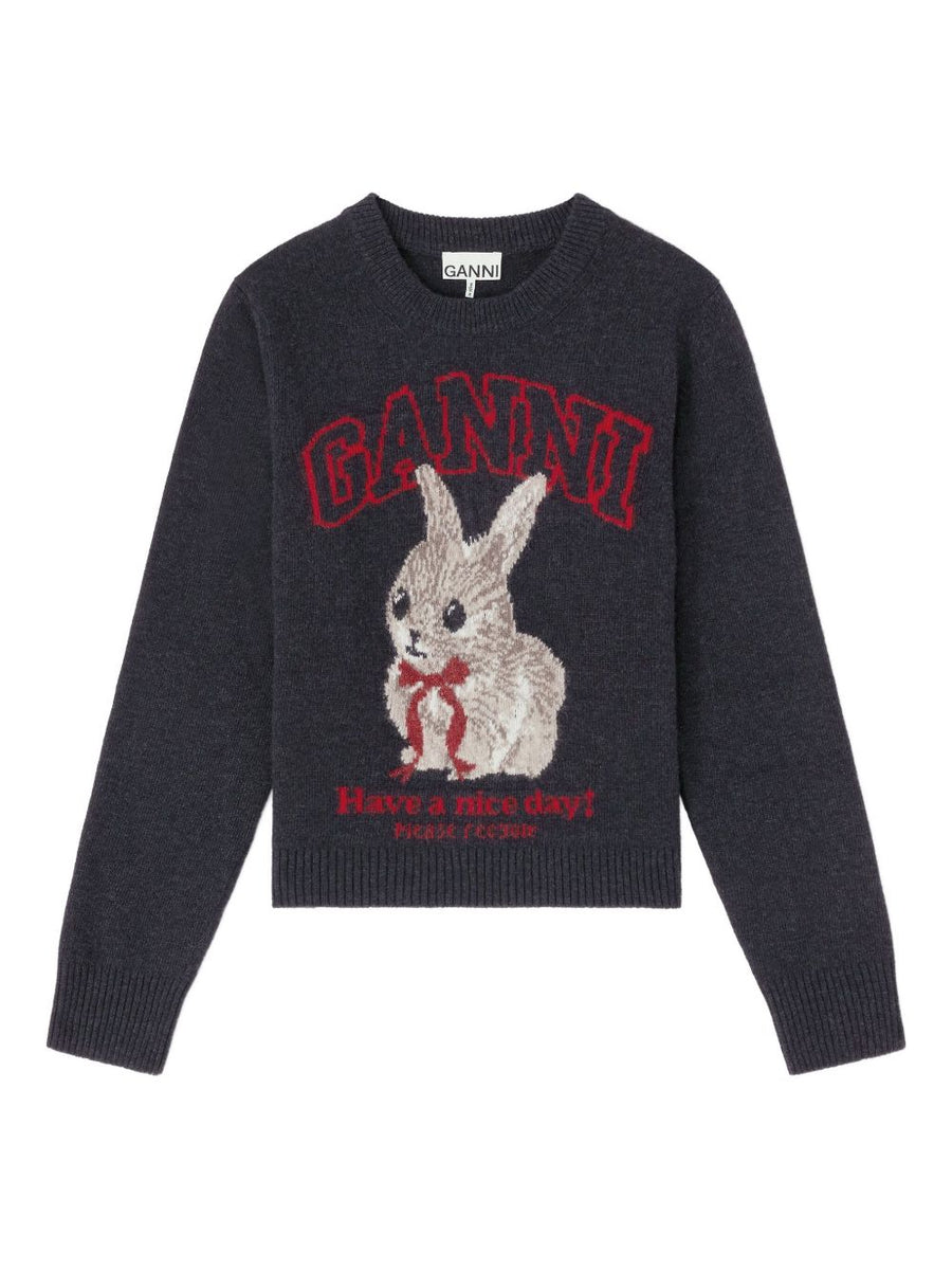 Ganni Graphic Rabbit Intarsia Sweater — Charcoal