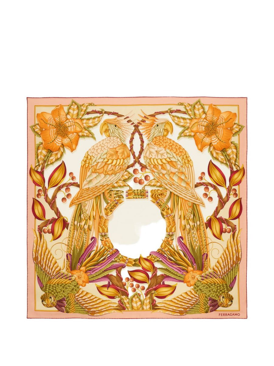 Ferragamo Parrot and Gancini Print Silk Scarf — Orange